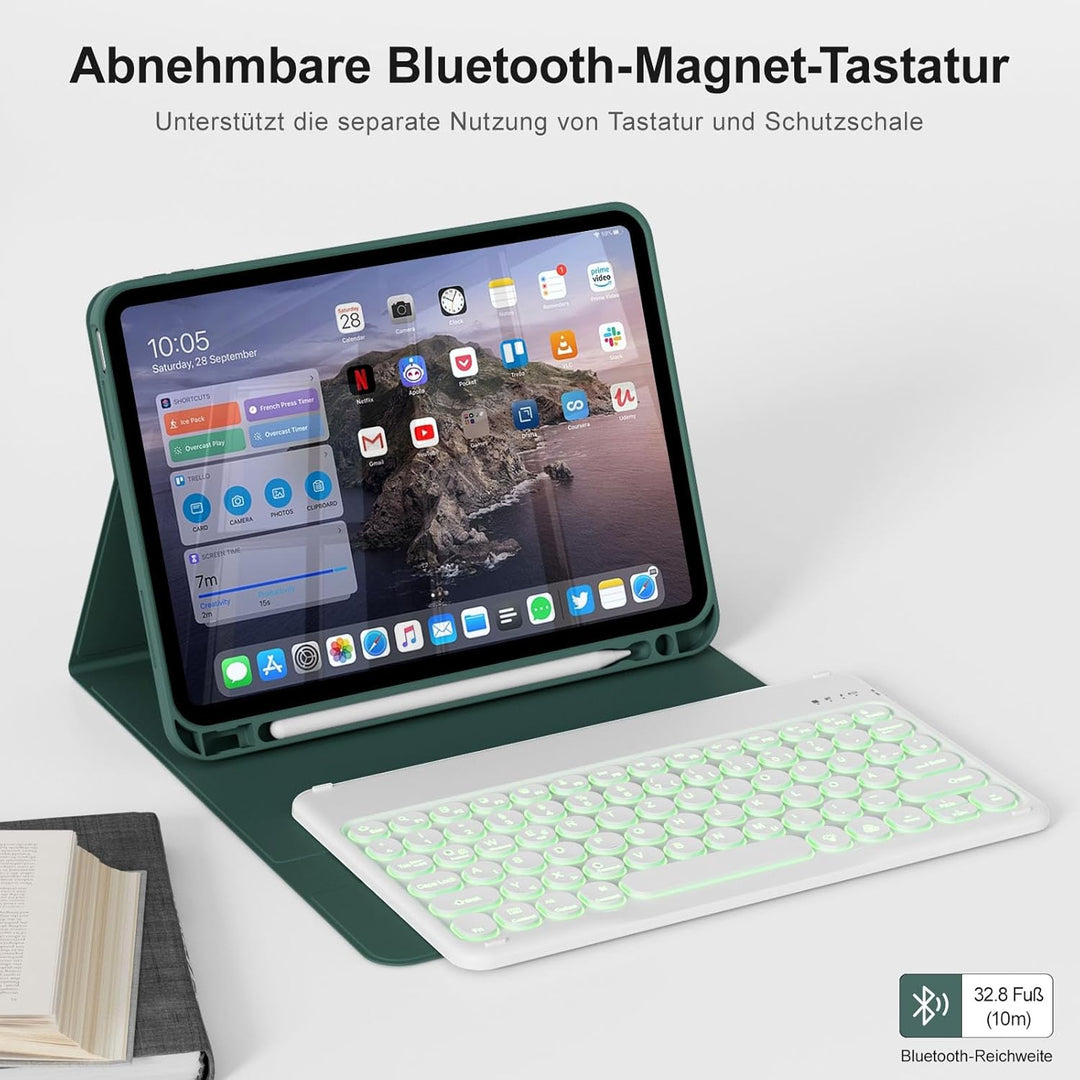 Hülle mit Tastatur für iPad A16 11/10 Generation (2025/2022, 11/10.9 Zoll), 7 Farben Beleuchtete Abn
