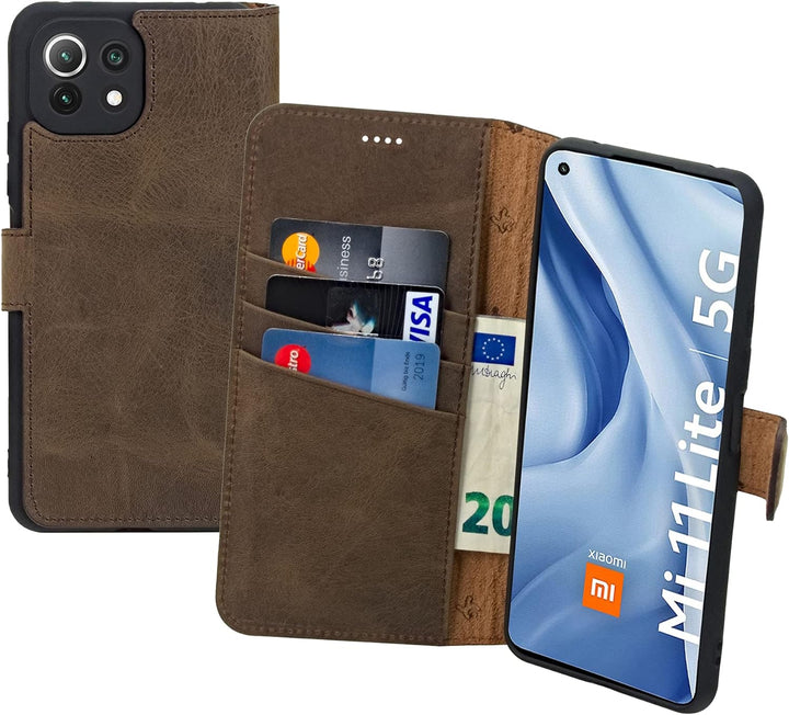 Suncase Book-Style Hülle kompatibel mit Xiaomi Mi 11 Lite 5G Leder Tasche (Slim-Fit) Lederhülle Hand