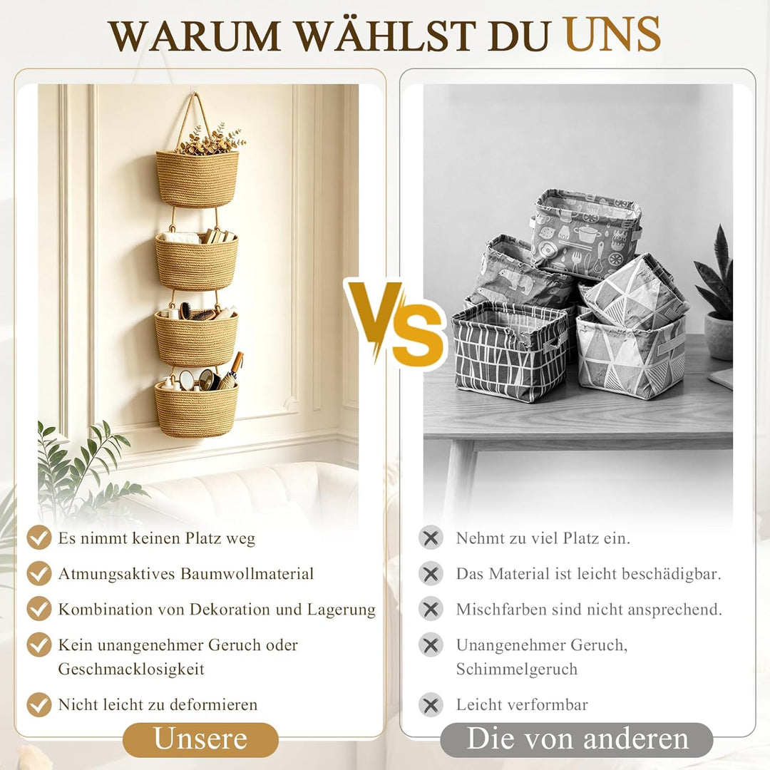 Tür Organizer hängend 4-stöckig, Khaki | Hängekorb aus Baumwollseil, Mit 4 Haken ohne Bohren, 2 vers