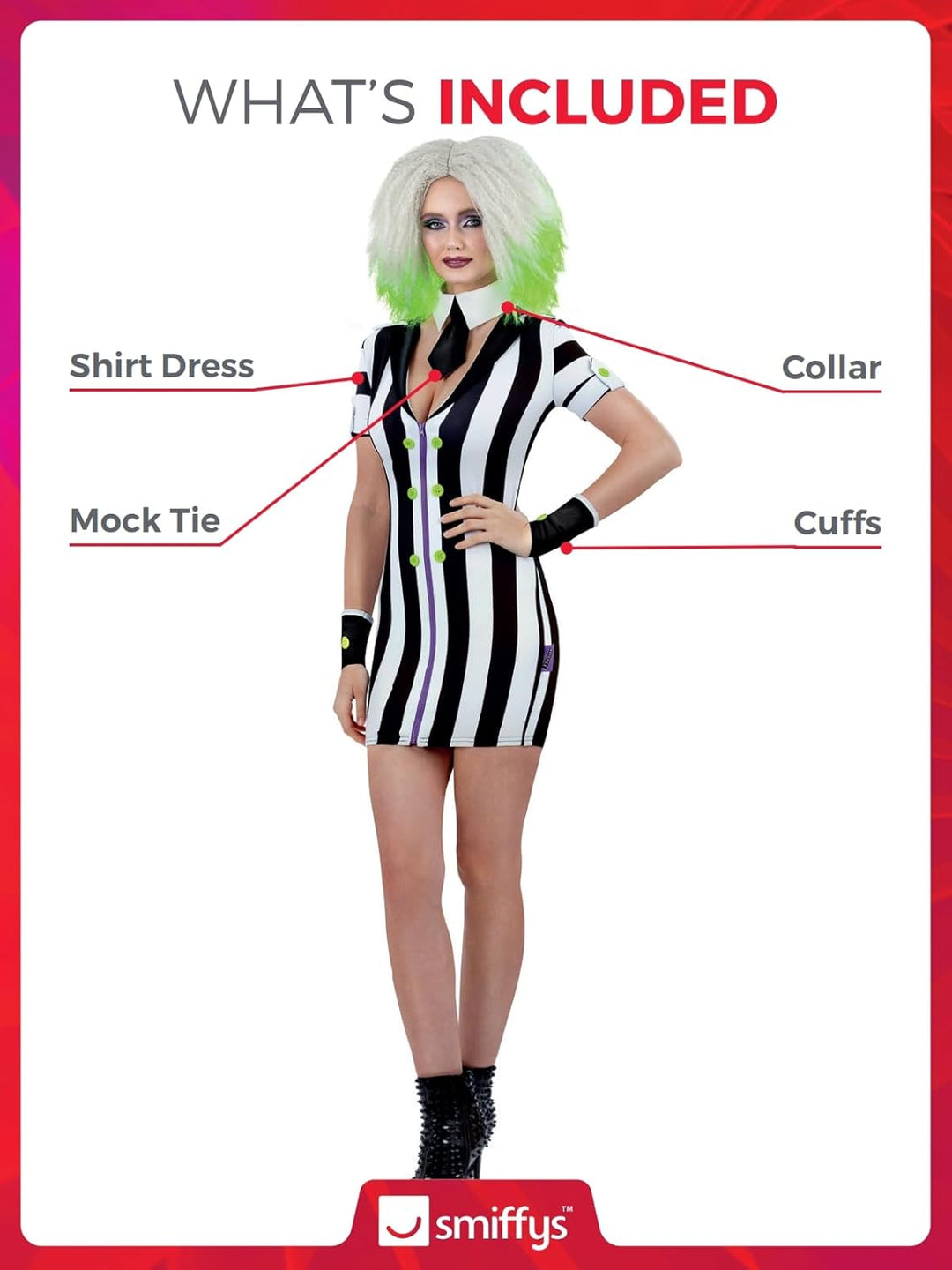 Smiffys Beetlejuice Erwachsenenkostüm mit Jacke, Hose und Krawatte schwarz-weiss gestreift mit aufsc