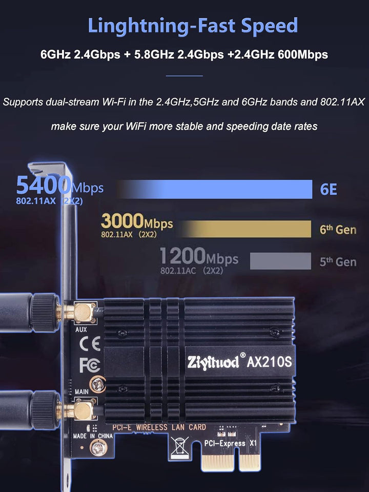 WLAN Karte, Intel AX210 Bluetooth5.3, Bis zu 5400Mbit/s Tri-Bands(6G/5G/2.4G) WLAN PCIe WiFi 6 Karte