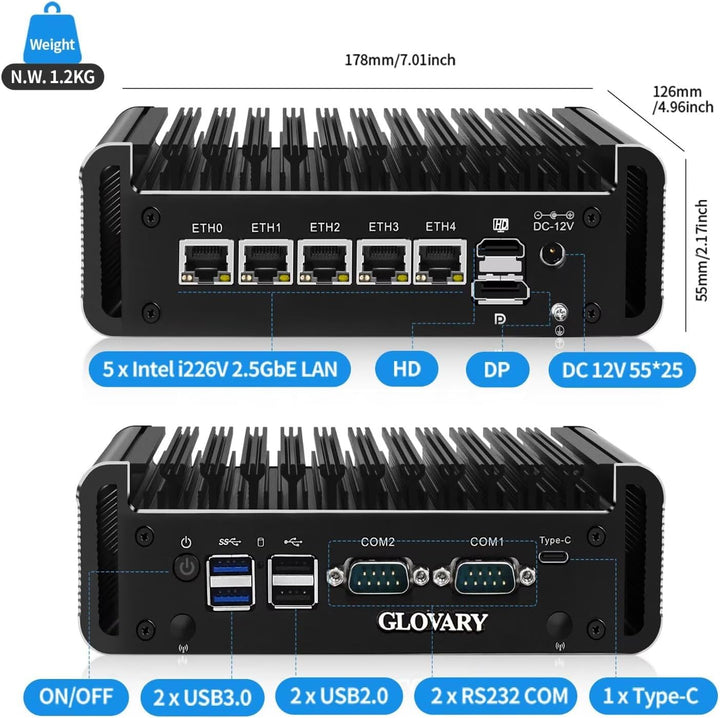 Firewall Mini PC J6413 4 Core, 5 x i226V 2.5GbE LAN Fanless OPNsense Micro Appliance, Barebone, AES-