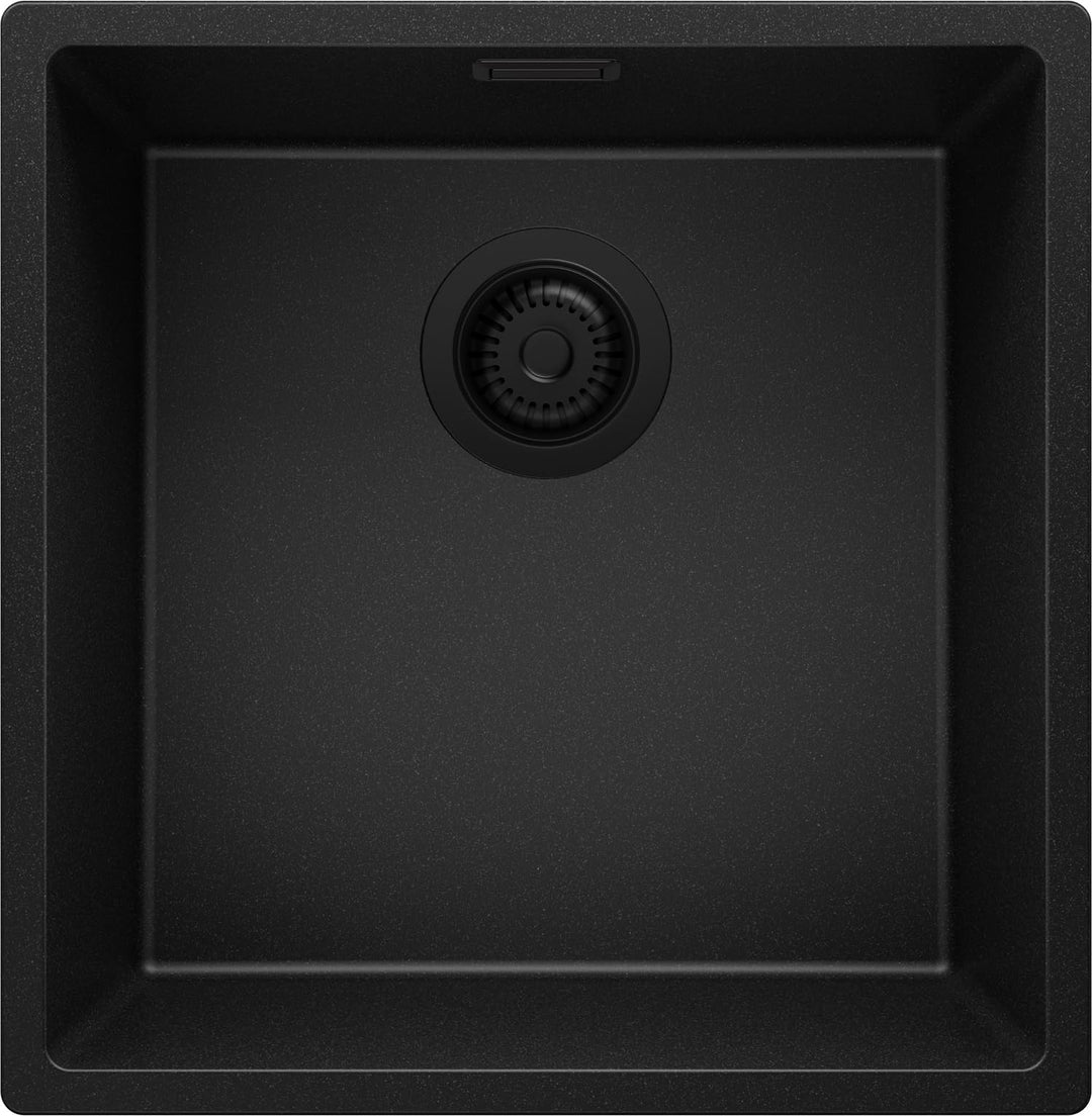 Spülbecken Alles Schwarz 46 x 47 cm, Granitspüle 1 Becken + Ablauf-Set Schwarz, Einbauspüle ab 50er