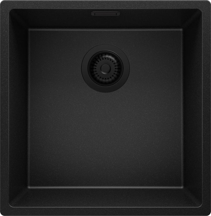 Spülbecken Alles Schwarz 46 x 47 cm, Granitspüle 1 Becken + Ablauf-Set Schwarz, Einbauspüle ab 50er