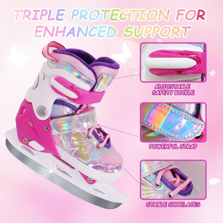 Nattork Mädchen-Eislaufschuhe für Kinder, 4-Fach verstellbar, Butterfly-Eislaufschuhe mit Fleecefutt