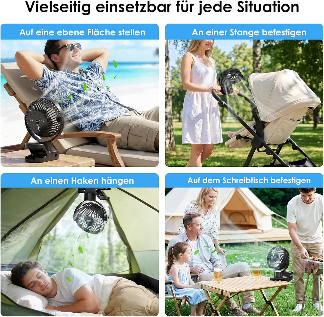 Minthouz Clip Ventilator, 8000mAh USB Tischventilator 4 Windstufen, 6 Zoll | Max 38h Laufzeit, Beleu