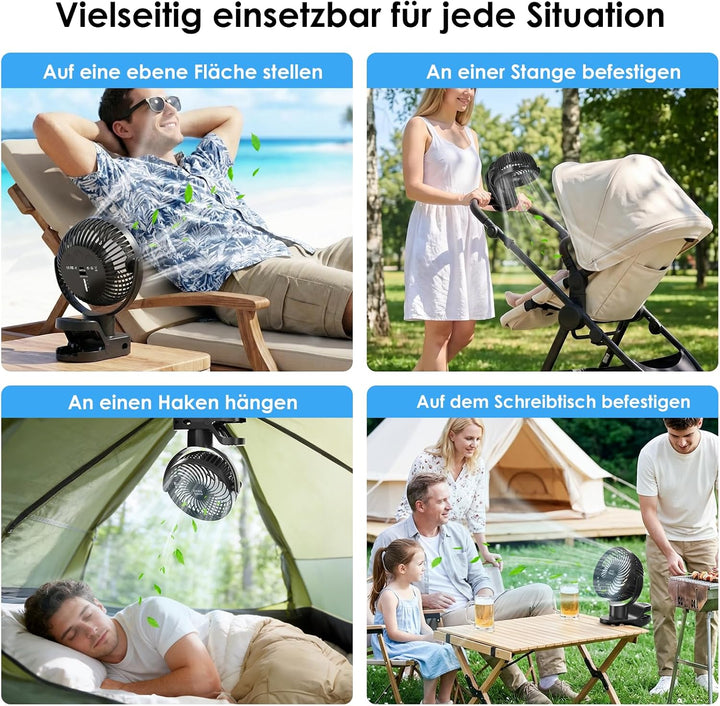 Minthouz Clip Ventilator, 8000mAh USB Tischventilator 4 Windstufen, 6 Zoll | Max 38h Laufzeit, Beleu