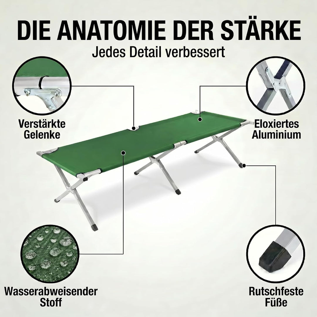 GOODS+GADGETS Faltbares Army Feldbett aus Aluminium - klappbares Campingbett & Gästebett Grün, Grün