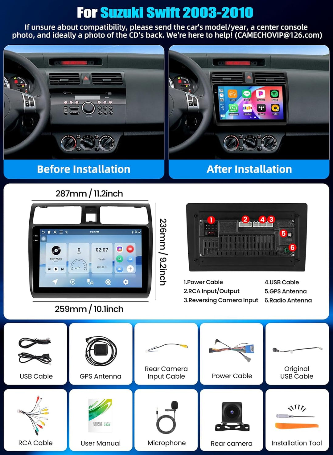 CAMECHO 4+128G Android 15 Autoradio für Suzuki Swift (2003-2010) mit Carplay Android Auto,9" IPS Tou