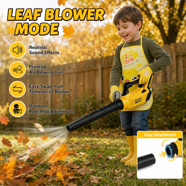 2 in 1 Kinder Rasenmäher mit Geräusch und Licht, Gartenspielzeug | mit Laubbläser, Schürze, Handschu