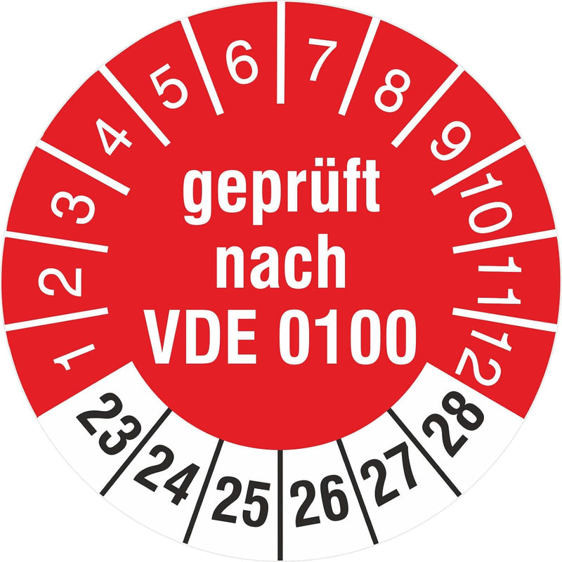 2500 Prüfplaketten 18 mm Prüfetiketten Geprüft nach VDE 0100 2023-2028 Rollenware stark haftend 2500