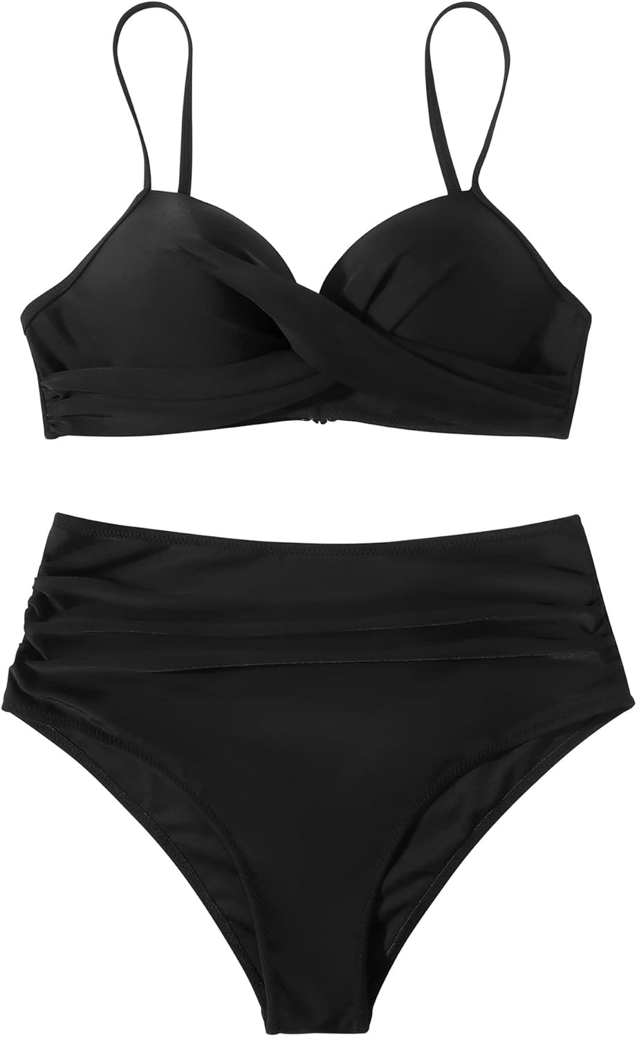RXRXCOCO Damen Wickel Push Up Bikini Oberteil Bauchweg High Waist Bikini Set Bademode XL Schwarz, XL
