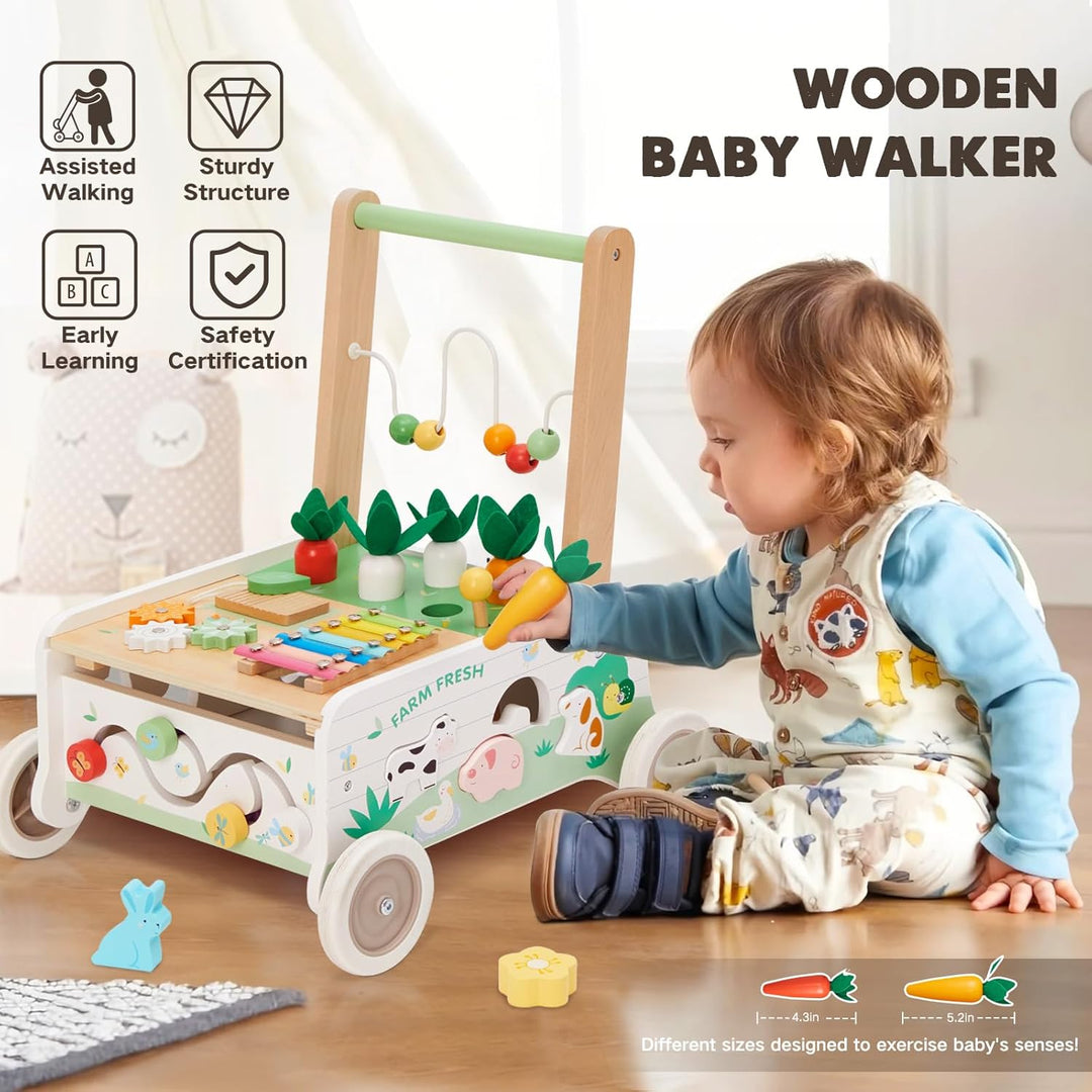 Labebe Lauflernwagen Holz,Baby Lauflernhilfe mit gummierten Holzrädern und Activity Center, Gehfrei