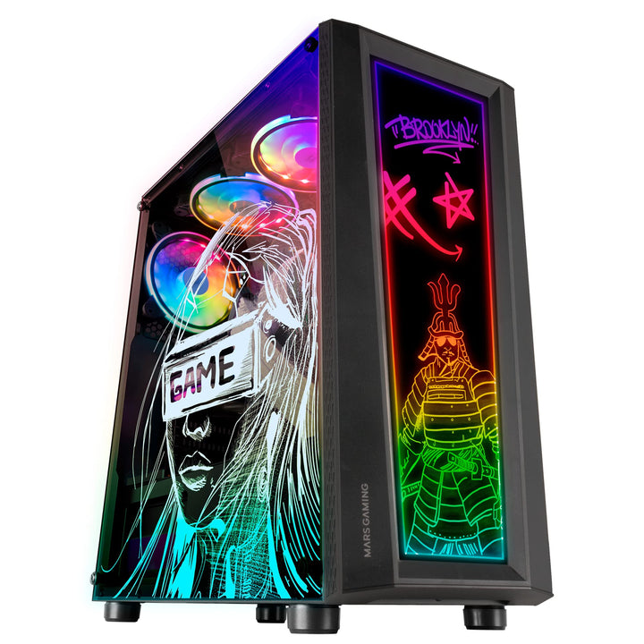 MarsGaming MC-Art Schwarz, PC Gaming ATX Gehäuse, Doppelt Zeichnbar Gehärtetes Glas, ARGB 12 Mode, 1