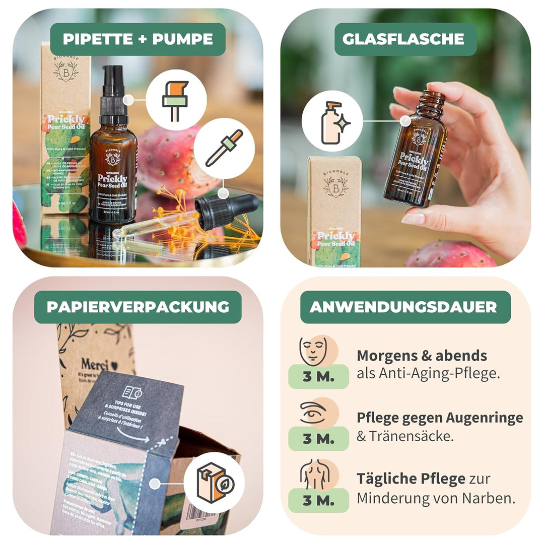 Bionoble Kaktusfeigenkernöl Bio 50ml - 100% Rein, Natürlich, Kaltgepresst - Gesicht, Körper, Haare,