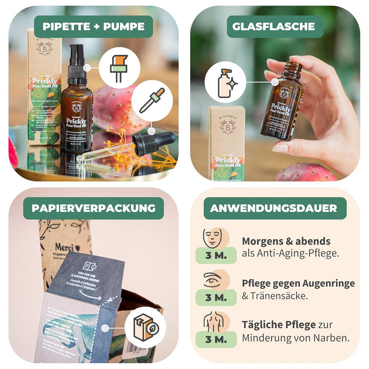 Bionoble Kaktusfeigenkernöl Bio 50ml - 100% Rein, Natürlich, Kaltgepresst - Gesicht, Körper, Haare,