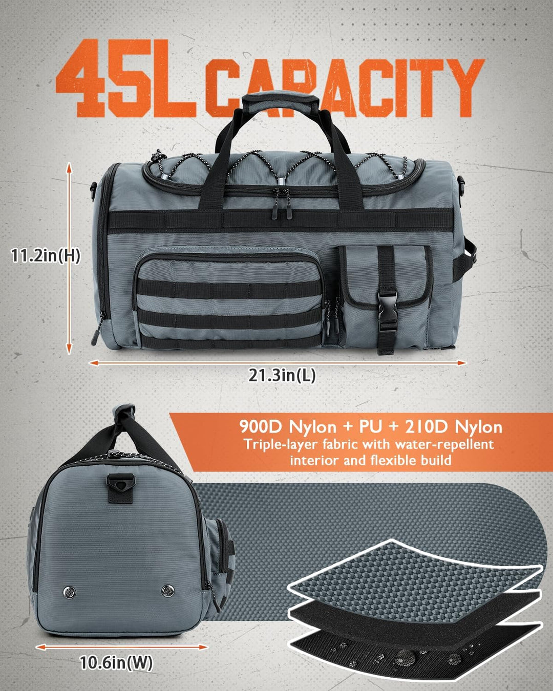 Gonex 45L Sporttasche & Reisetasche Herren, 3-in-1 Tragbar Taktische Trainingstasche mit Schuhfach –