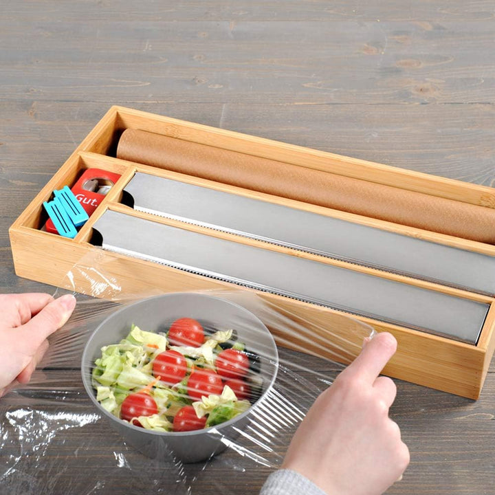 Kesper Folienspender aus FSC-zertifiziertem Bambus – 3-in-1 Organizer für Alufolie, Frischhaltefolie