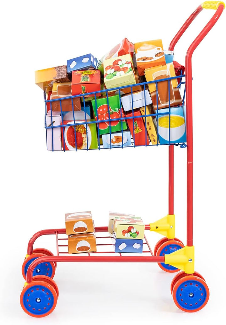 Bayer Design 75002AA Spielzeug Einkaufswagen, integriertem Puppensitz, Kaufladenzubehör, bunt/Inhalt