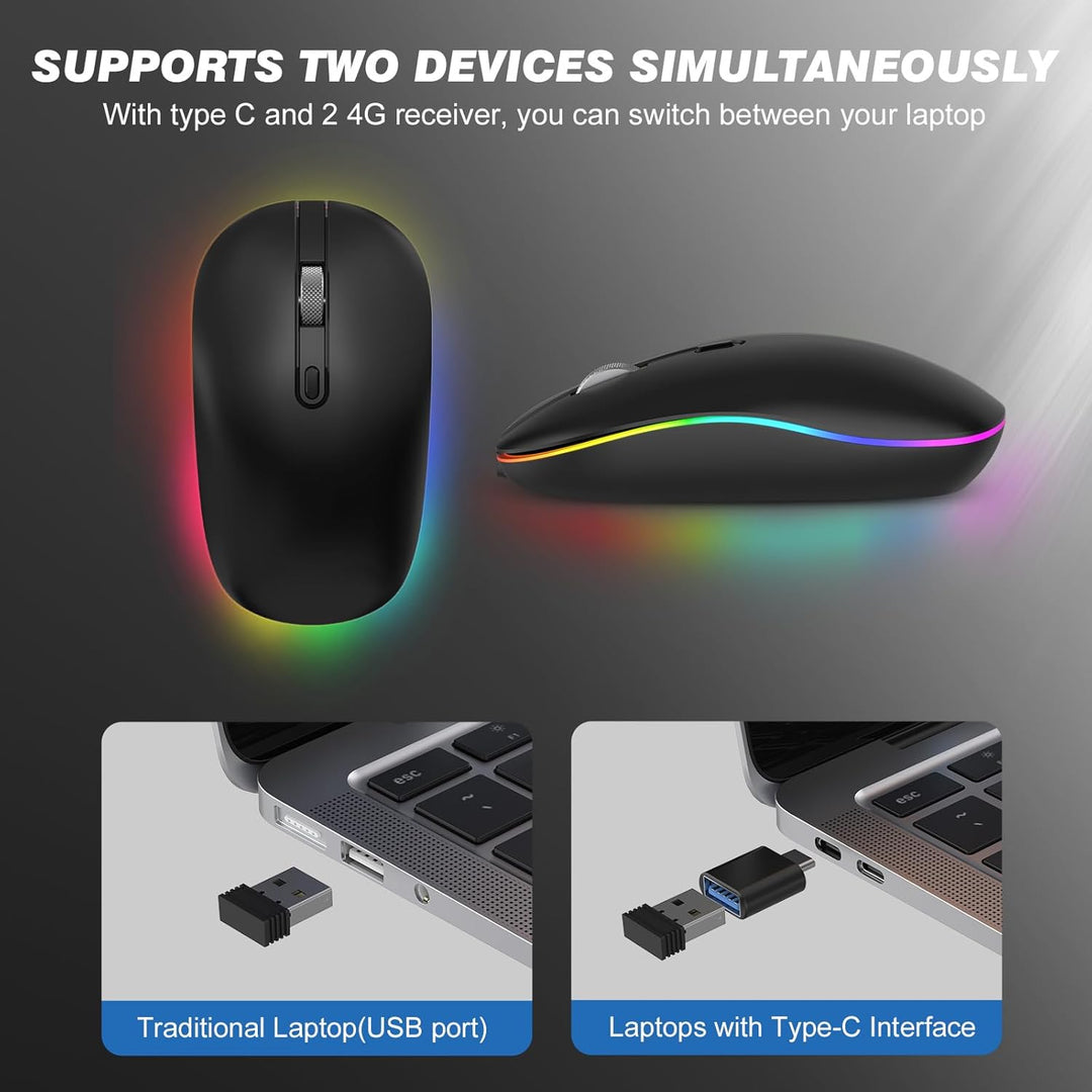RaceGT Maus Kabellos Aufladbar, 2,4GHz LED Funkmaus USB-A & Typ-C Empfänger Silent 3 Verstellbare DP
