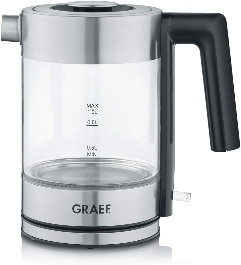 GRAEF Glaswasserkocher WK300 - Wasserkocher 1 Liter, Hochwertiges Design, SCHOTT DURAN Glas, Edelsta