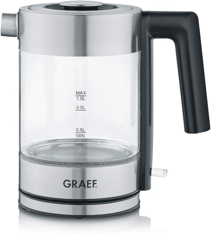 GRAEF Glaswasserkocher WK300 - Wasserkocher 1 Liter, Hochwertiges Design, SCHOTT DURAN Glas, Edelsta