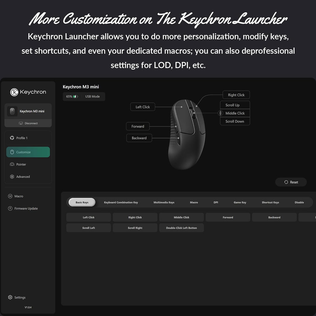 Keychron M3 Kabellose optische Maus, 2.4 GHz/Bluetooth 5.2, 1000 Hz, programmierbarer, PixArt 3311 S
