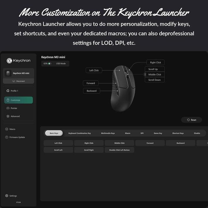 Keychron M3 Kabellose optische Maus, 2.4 GHz/Bluetooth 5.2, 1000 Hz, programmierbarer, PixArt 3311 S