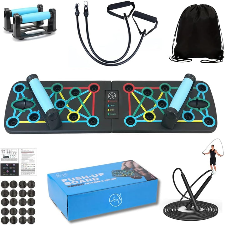 XUZA Push Up Board mit Springseil & Widerstandsband mit Griffen - Ultimatives Heim-Fitness-Set - Lie