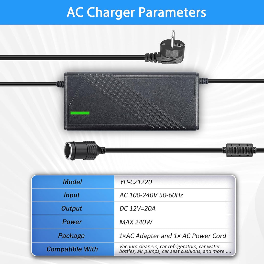 12V 20A KFZ Netzadapter, Spannungswandler 230V AC auf DC, 240W Zigarettenanzünder Steckdose für Reif