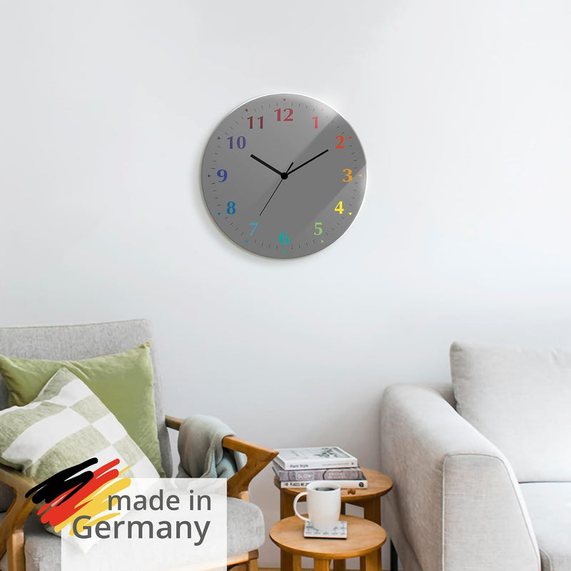 ARTLAND Wanduhr ohne Tickgeräusche aus Glas Quarzuhr Ø 30 cm Rund Lautlos Trendfarbe Grau-Bunt S7KD