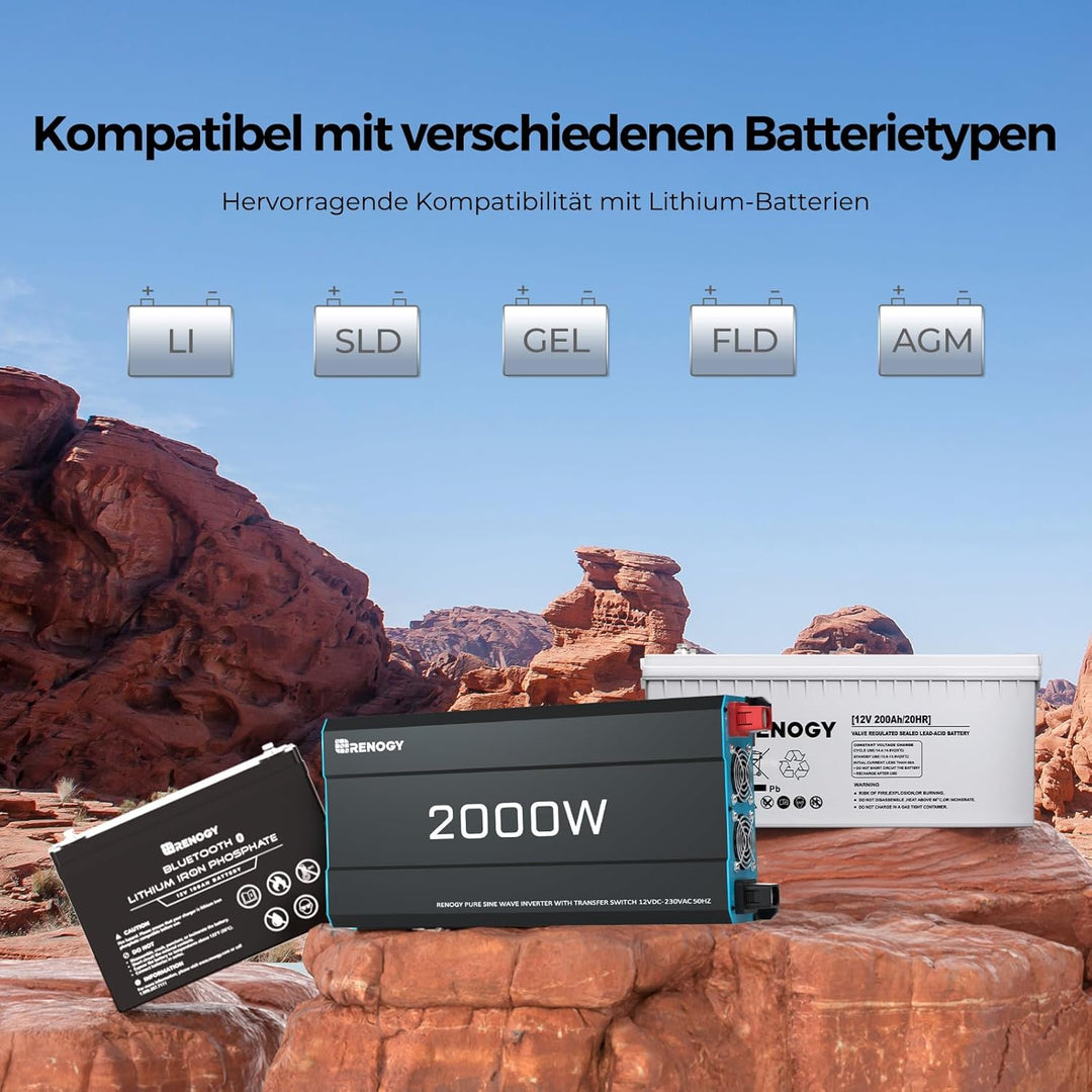 Renogy 2000W/4000W 12V zu 230V Reiner Sinus Wechselrichter mit Netzvorrangschaltung, Spannungswandle