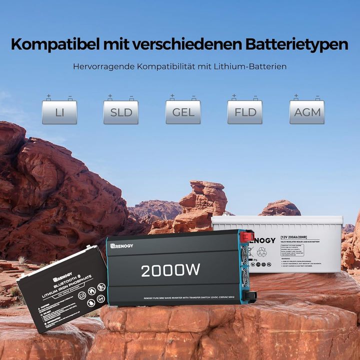 Renogy 2000W/4000W 12V zu 230V Reiner Sinus Wechselrichter mit Netzvorrangschaltung, Spannungswandle