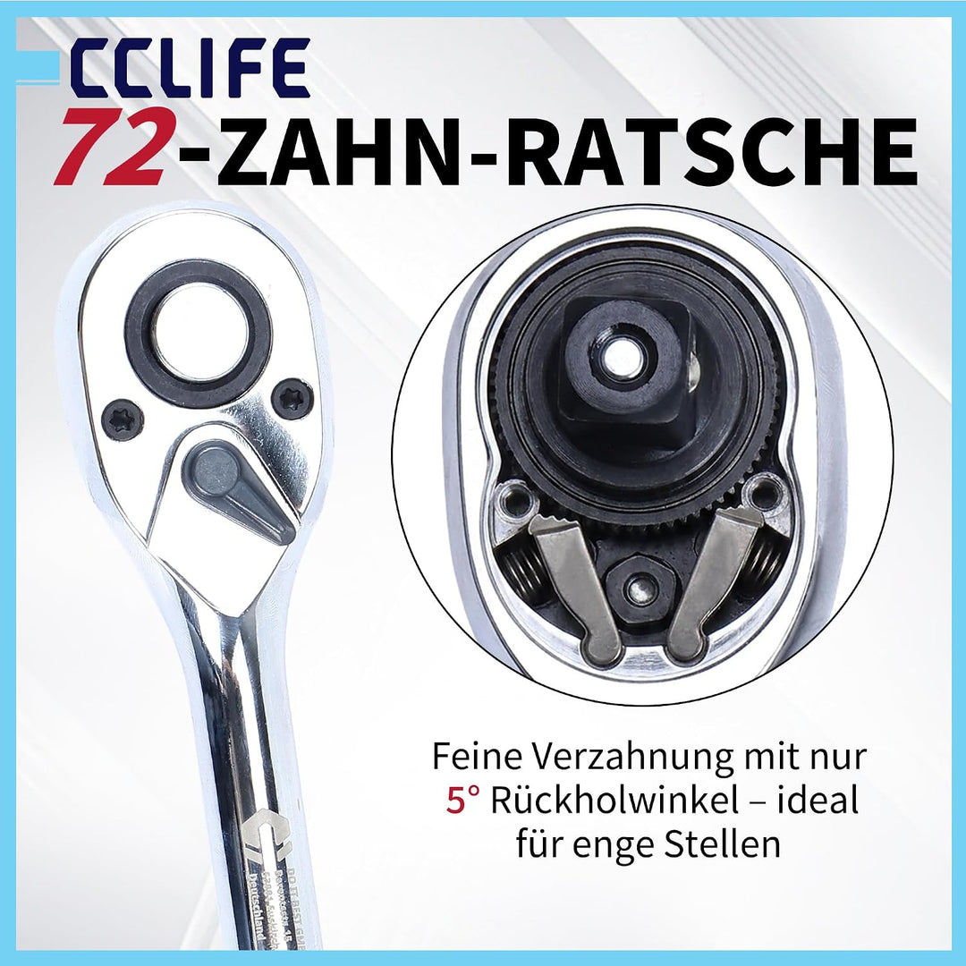 CCLIFE Ratschen set, 3-tlg, 1/4" 3/8" 1/2" 72-Zahn 140/200/245 mm Antrieb Ratschen-Satz, 3-tlg., Rat