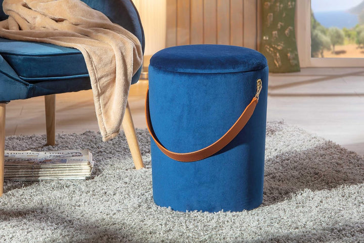 Hocker-Eimer-Behälter aus Samt und Kunstledergriff, blaue Farbe, 35x35x45 cm, Blau