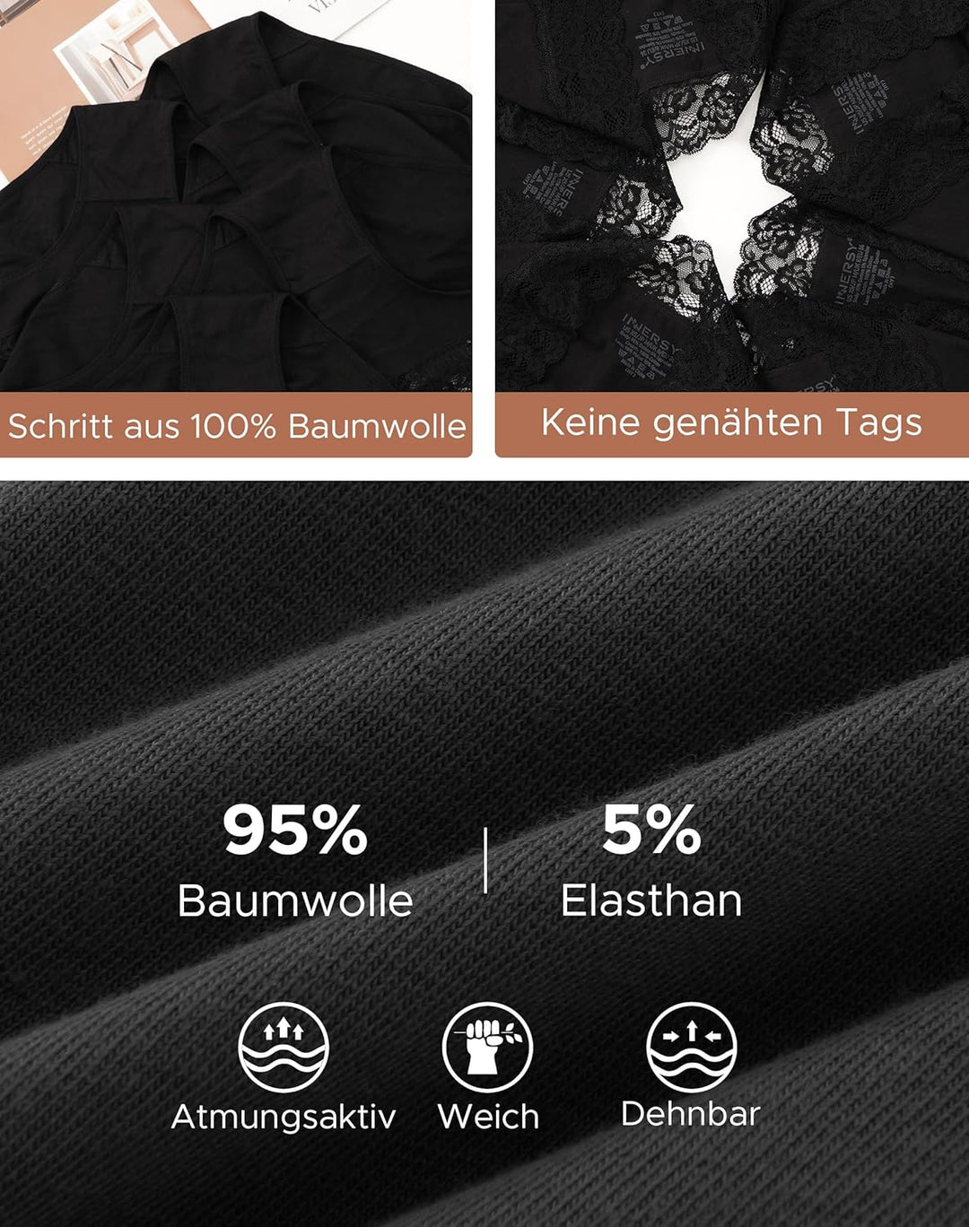 INNERSY Unterhosen Damen Baumwolle Slips mit Spitze Bequeme Hipster Unterwäsche Mehrpack 6 36 6 Schw
