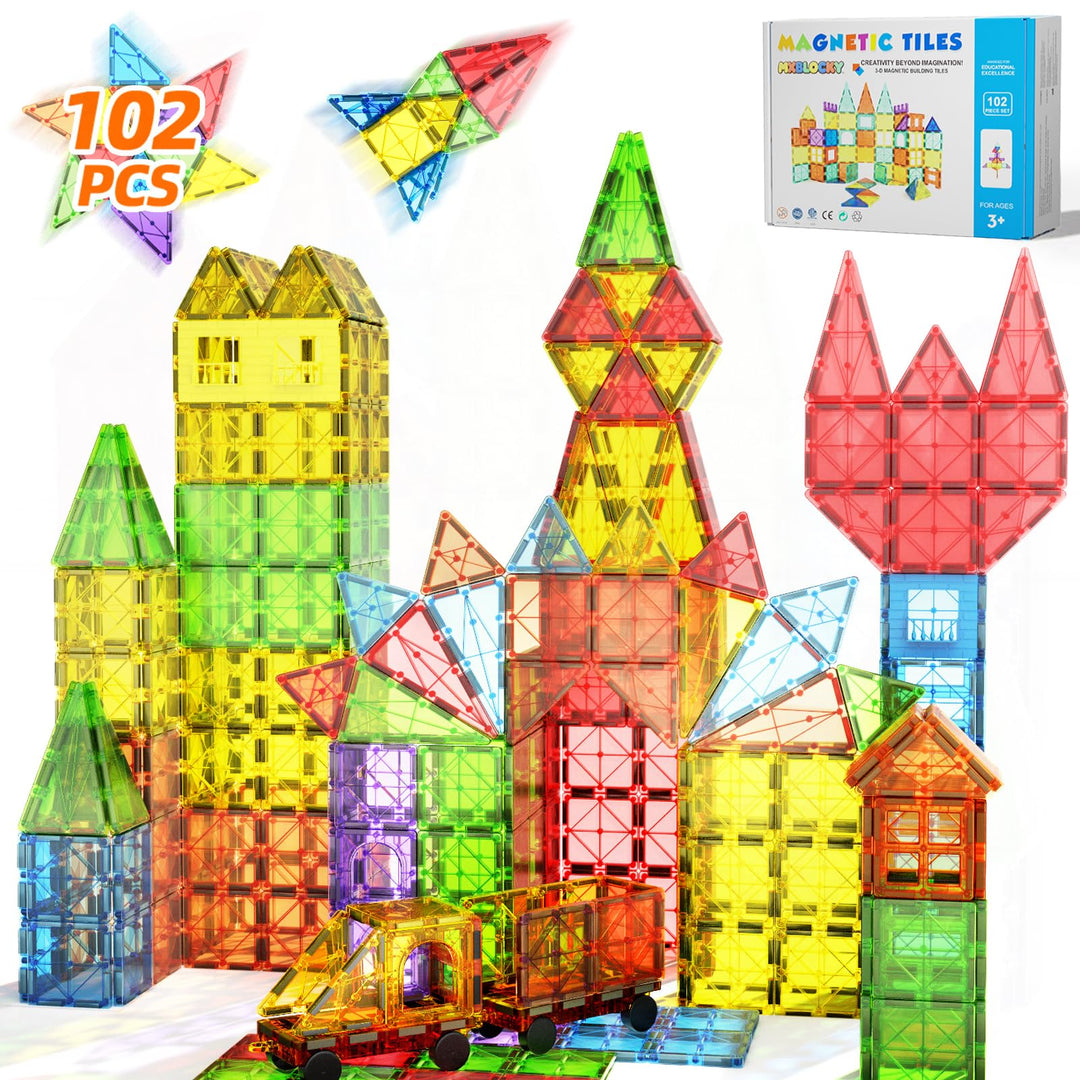 102PCS Magnetische Bausteine mit 2 Autos Magnetbausteine Kinder Magnetspiel Montessori Magnet Bauste
