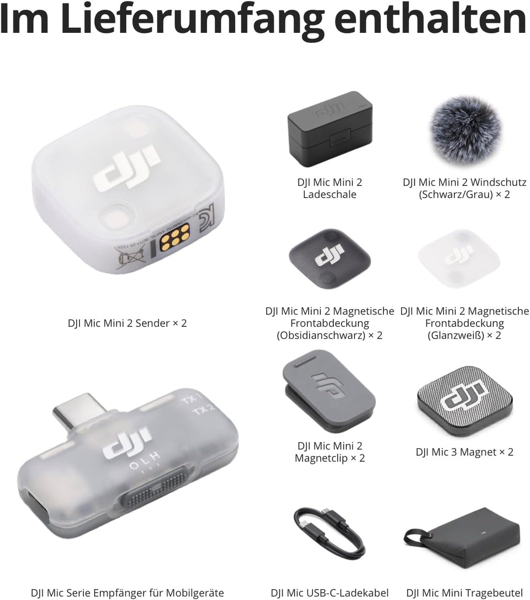 DJI Mic Mini 2 (2 TX + 1 Mobile RX + Ladeschale), Lavalier-Mikrofon, Ansteckmikrofon für iPhone und