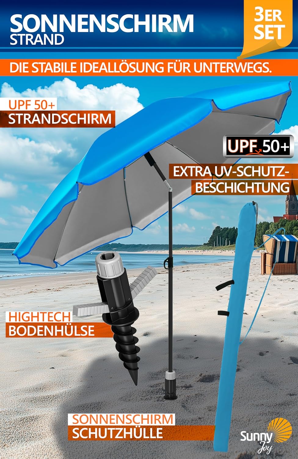 4smile Sonnenschirm Strand SunnyJoy Ø 180 cm, 3-IN-1 Set - UPF 50+ Strandschirm + Sonnenschirm Schut