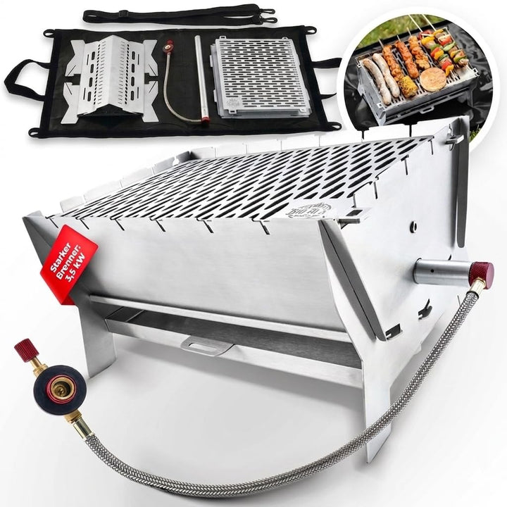 Little Bro Mobiler Steckgrill 2-in-1 Edelstahl Grill für Gas & Kohle - Inkl. Tasche (Grillmatte) & S