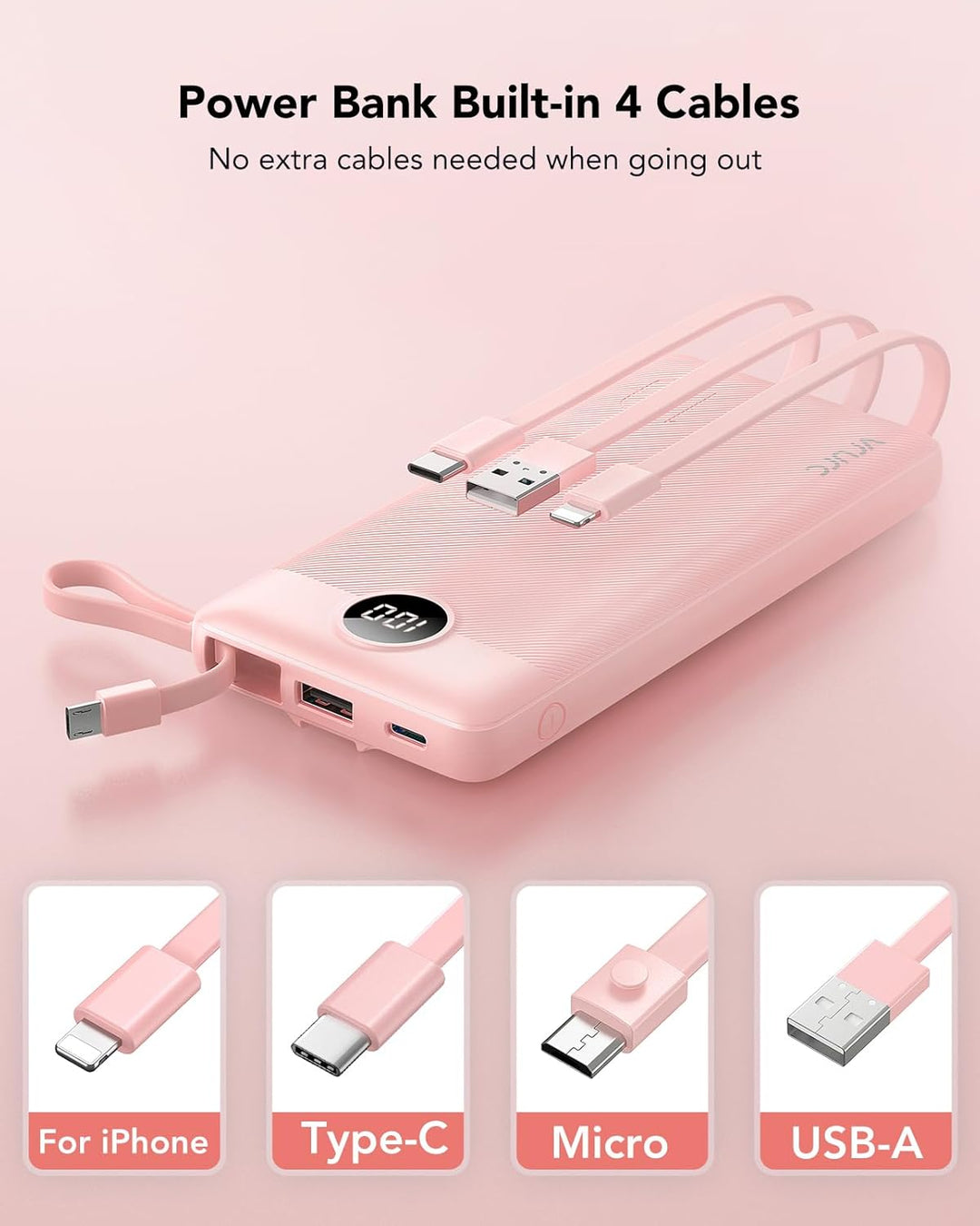 VRURC Powerbank 10000mAh mit Kabel, Power Bank Tragbares Ladegerät USB C Externer Handyakkus LED Dis