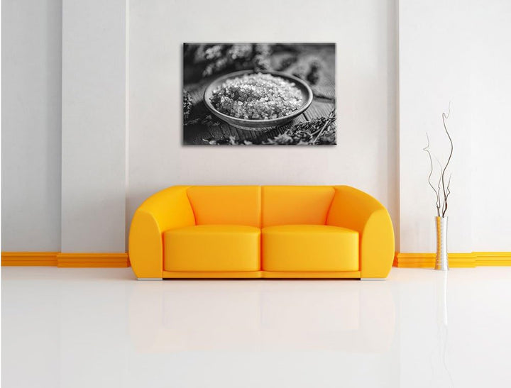 Pixxprint Violettes Badesalz B&W als Leinwandbild | Grösse: 100x70 | Wandbild| Kunstdruck | fertig b