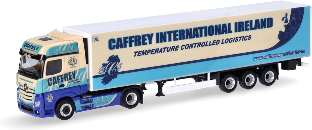 herpa LKW Modell Mercedes-Benz Actros 18 Bigspace Kühlkoffer-Sattelzug 80 Jahre Caffrey, Miniatur im
