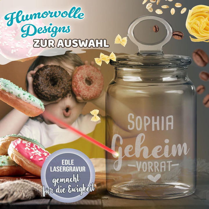 PR Print Royal Personalisierte Keksdose aus Glas mit Gravur - 800 ml - Geheim-Vorrat mit Name selbst