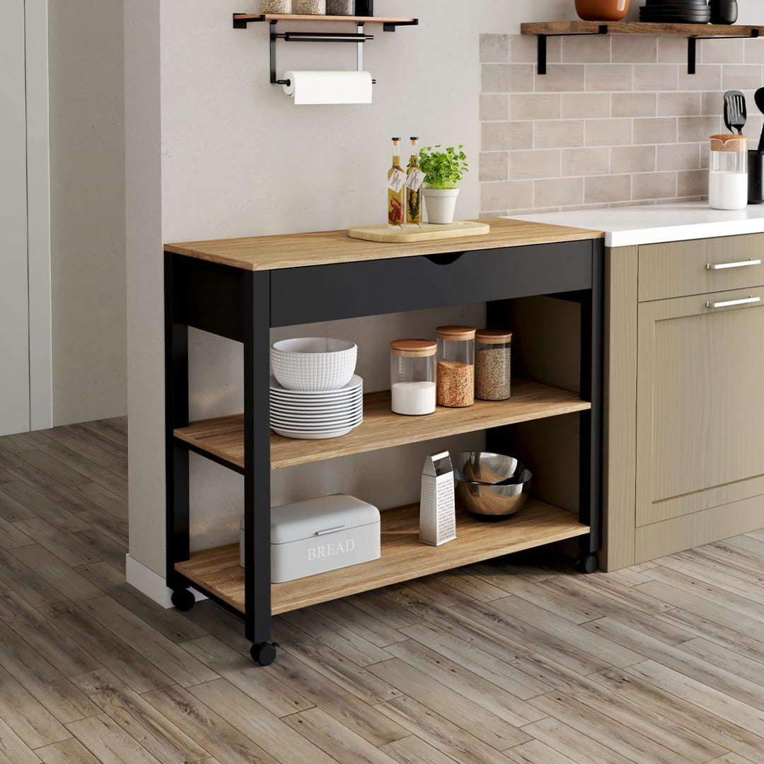 IDMarket - Küchenwagen PENH XXL mit Schublade und schwarzer Arbeitsplatte, Platten in Buche-Optik, L