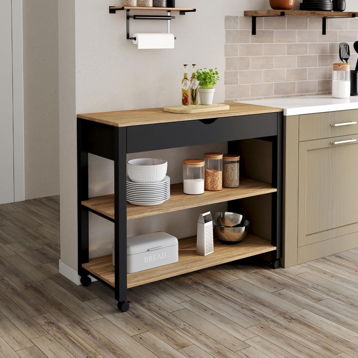 IDMarket - Küchenwagen PENH XXL mit Schublade und schwarzer Arbeitsplatte, Platten in Buche-Optik, L