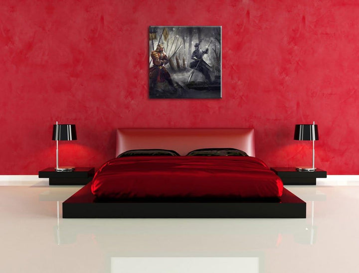 Pixxprint Kampf zwischen Samurai und Ninja als Leinwandbild/Grösse: 70x70 cm/Wandbild/Kunstdruck/fer