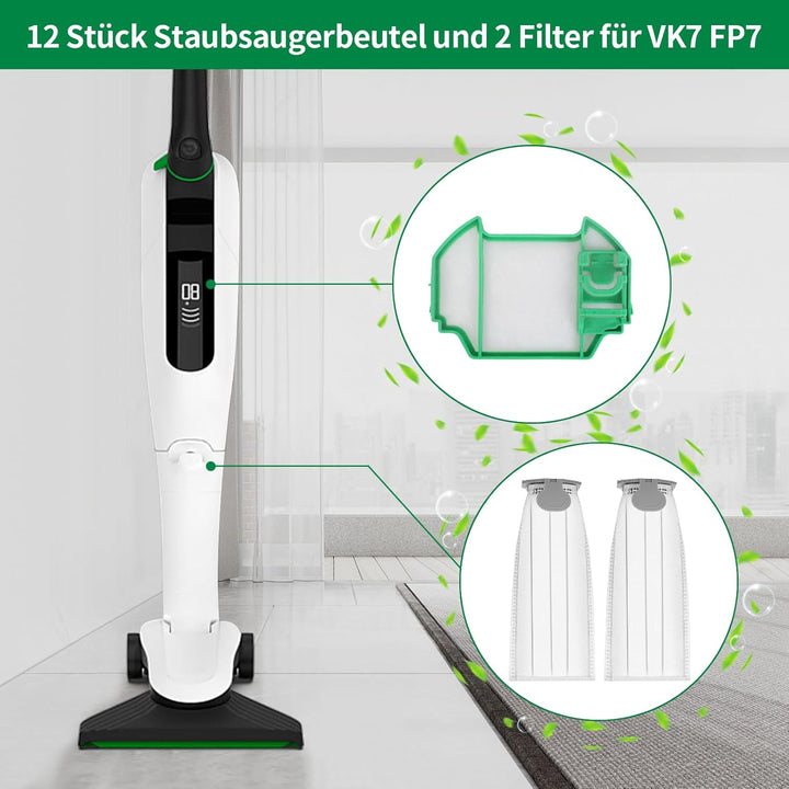12 Stück Staubsaugerbeutel und 2 Filter für Vorwerk Kobold VK7 FP7 Premium Filtertüten Staubsauger A