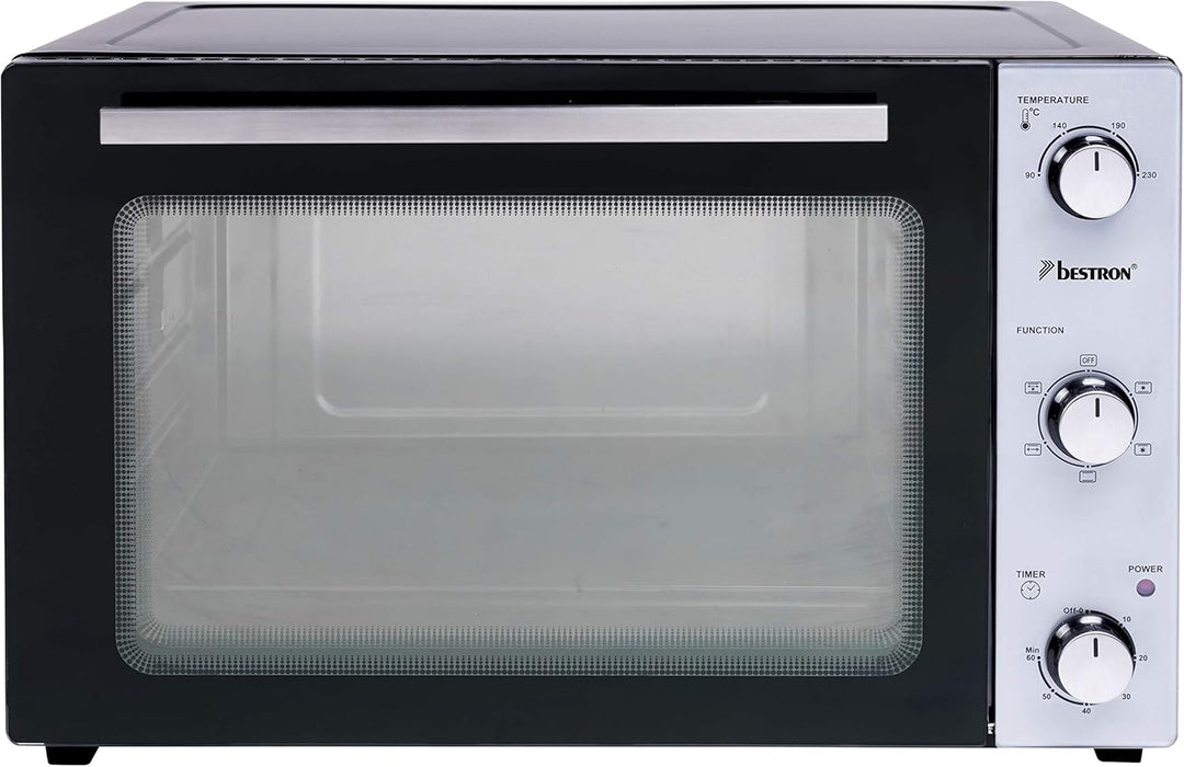 Bestron AOV45 2-in-1 Mini-Backofen mit Drehspiess, 45 Liter, 1800 W, Edelstahl, Schwarz 45 Liter Min