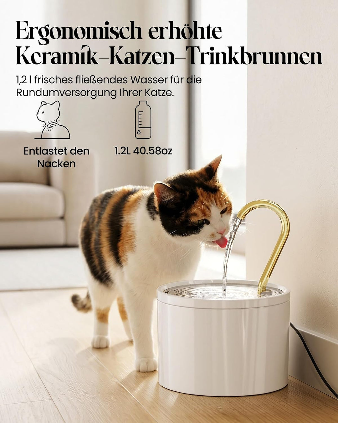 Kittyspout Katzenbrunnen Keramik Weiss, 1,2L Trinkbrunnen für Katzen mit Kupferrohr, 3 Wasserstufen,